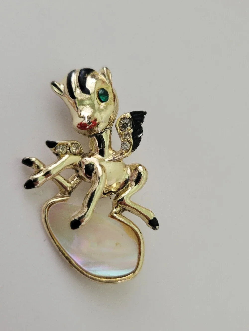 Vtg Pegasus Donkey Horse Brooch Pin Mother Of Pearl Mop Rhinestone Enamel Fairy